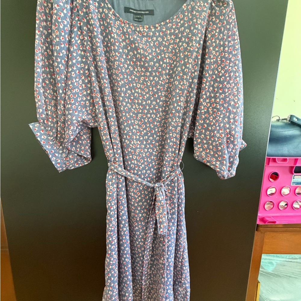French Connection Blue Floral Print Dress with Red and White Accents